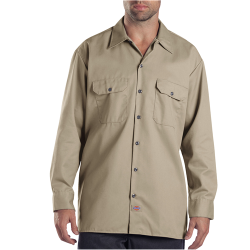 Dickies Long Sleeve Work Shirt in khaki with two chest pockets, designed for durability and comfort.